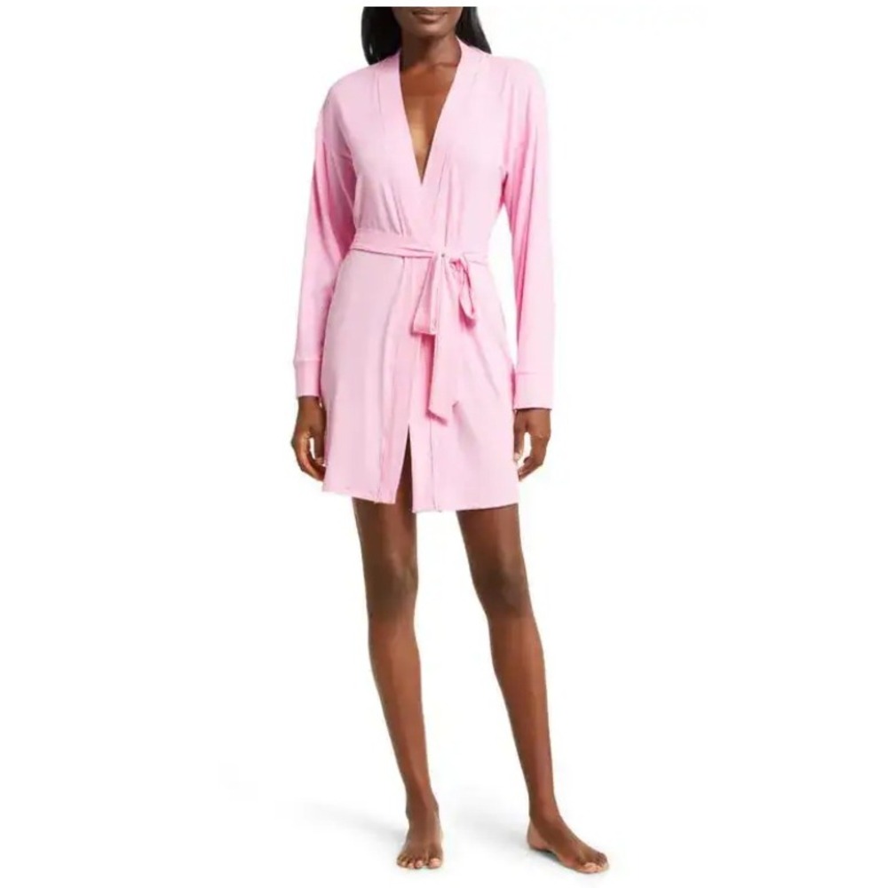 Skims Soft Lounge Short Robe Cherry Blossom Pink Ribbed Wrap Mini AP-RBE-0345 M